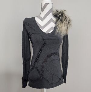 Gray Long Sleeve Top with Fur Accent By Box 185 Sara Keiser NYC INC.